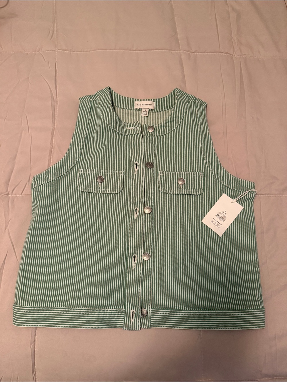 Free Assembly Green and White Striped Denim Vest S NWT